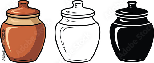 Clay pot silhouette & Outline and illustration set isolated on transparent background