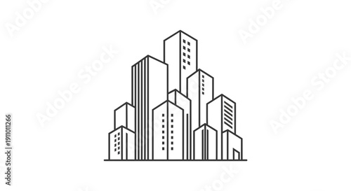 Minimalist Cityscape Illustration Featuring Modern Architectural Buildings in Monochrome