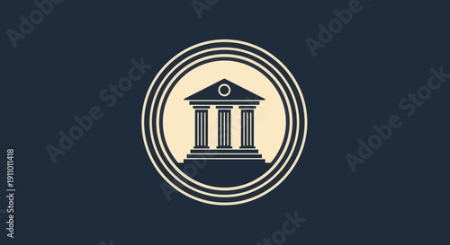 Minimalist Courthouse Icon Within a Circular Frame on a Dark Blue Background Design