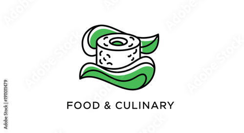 Minimalist Culinary Design Depicting a Stylized Roll with Green Accents and Elegant Lines
