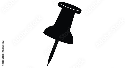 A stark black silhouette depicts a classic push pin featuring a round head and pointed metallic tip