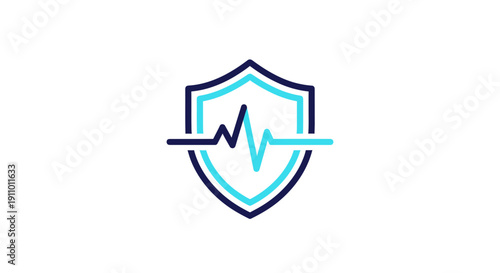 Medical Health Protection Shield Icon Design with Heartbeat Pulse Line on White Background