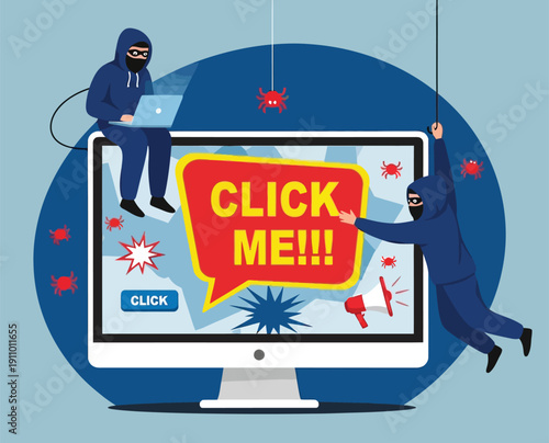 Illustration of two masked figures in hoodies interacting with a computer displaying a large "Click Me!!!" pop-up. Red bugs symbolizing malware surround the scene.