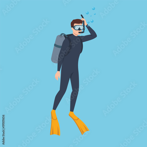 Scuba diver with oxygen tank and flippers underwater, representing diving activity. Flat vector illustration isolated on white background