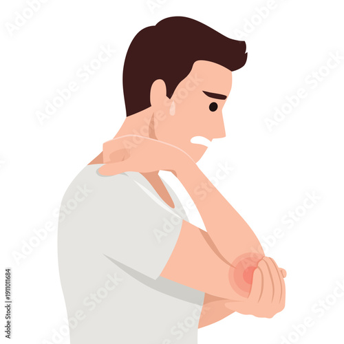 Man holding his painful wrist with highlighted red area. Flat vector illustration isolated on white background