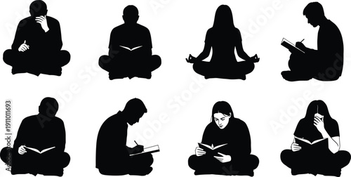 People silhouettes sitting and reading books, featuring students writing, meditating, and studying for education, mindfulness, learning, and personal development design.
