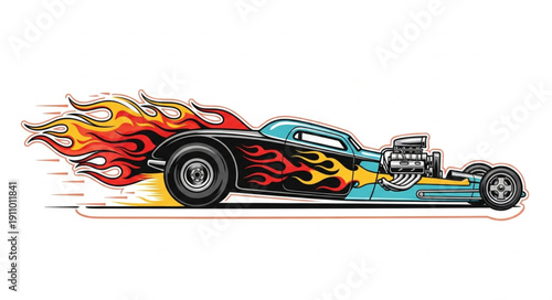 Flaming Drag Racing Car Illustration.