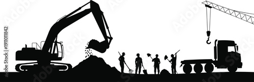 Vector, black, silhouette, illustration, of, a, construction, site, with, heavy, excavator, digging, soil, workers, with, shovels, a, truck, and, crane, for, industrial, engineering, design, elements
