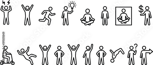 People stick figure icon set with different human actions like running, thinking, stress, success, meditation, and business concepts isolated on white
