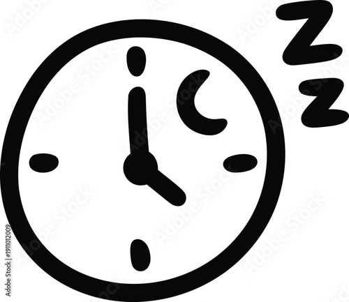 Simple black clock face illustration with hands pointing to a time near sleep, indicated by Zzz symbols above.