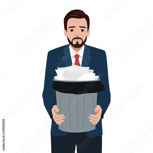 Sad businessman holding a trash bin full of papers, symbolizing job loss. Flat vector illustration isolated on white background