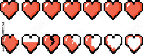 Pixel Art Heart Icon Set, 8-Bit Gaming Health Bar Life Status, Broken And Half Full Hearts, Red Retro Video Game Graphics, Isolated Vector,