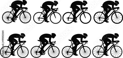 Professional cyclist silhouette set featuring racing bike riders in various motion poses, competitive cycling athletes, and bicycle road race vector