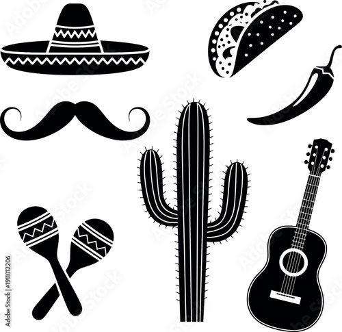 Mexican culture icons sombrero mustache cactus music fiesta party