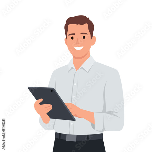 Smiling man holding and using a tablet, representing modern technology. Flat vector illustration isolated on white background