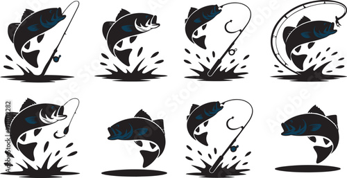 Black silhouettes of jumping fish with fishing rods breaking the water surface and creating splashes