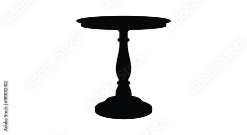 A stark silhouette depicts a classic ornate pedestal table against a bright white background isolated high quality professional