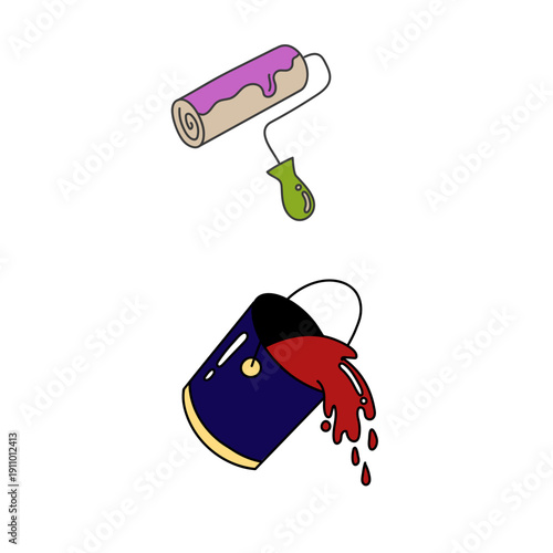 Paint bucket tipping over with flowing paint splash illustrated in modern flat vector style.