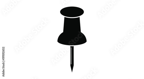 A simple black silhouette depicts a classic push pin commonly used for bulletin boards and maps high quality