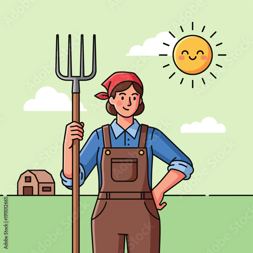 Farmer Standing with Pitchfork in Field.