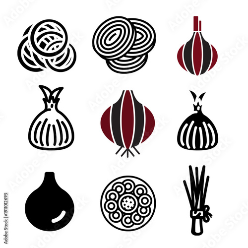 Different onion varieties illustrated in flat vector style isolated on white background.