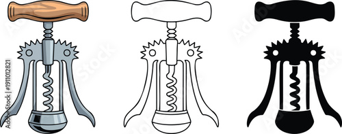 Corkscrew silhouette & Outline and illustration set isolated on transparent background