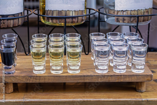 Glasses for finest spirits and liquors alcohol drinks on market stall