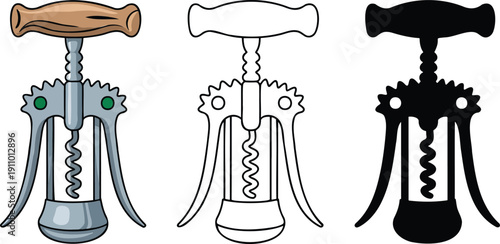 Corkscrew silhouette & Outline and illustration set isolated on transparent background