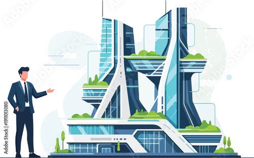 An architect in a business suit presents a futuristic building design with greenery on a white background with a modern and professional mood.