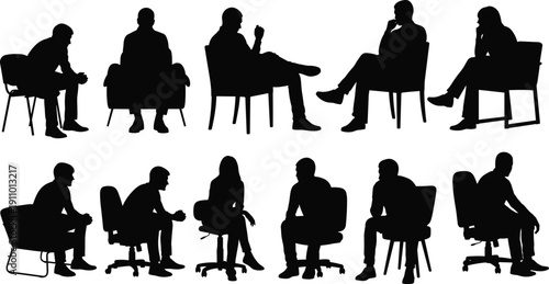 Set of black silhouettes of business people sitting in chairs and armchairs isolated on white background for office waiting room design