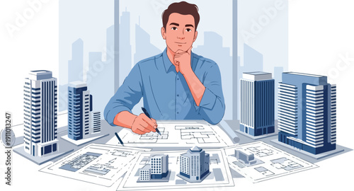 An architect sitting at a desk with blueprints and city models, contemplating a building design in a thoughtful pose.