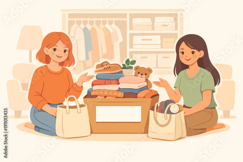 Two women organizing clothes and toys for donation at home