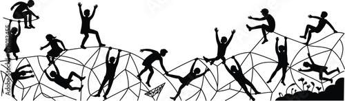 Vector, black, silhouette, illustration, of, active, children, playing, climbing, and, jumping, on, a, playground, rope, net, for, childhood, fun, and, recreation, design, elements