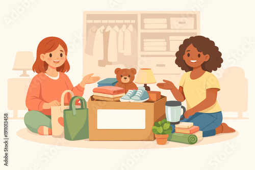 Women organizing clothes and household items in living room