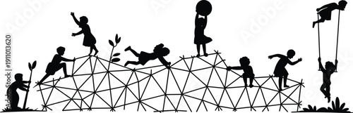 Vector, black, silhouette, illustration, of, active, children, playing, climbing, jumping, and, swinging, on, a, playground, rope, net, for, childhood, fun, and, recreation, design, elements