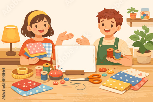 Two kids enjoying sewing and crafting activity together at home