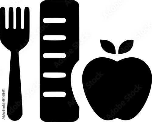 A wholesome feast: A black and white icon of a fork, apple, and an oven, symbolizing a balanced diet.