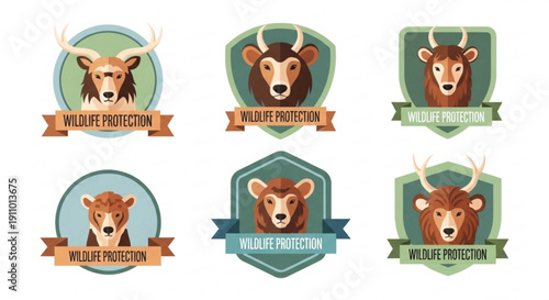 Wildlife protection logos with animal heads and banners on green backgrounds