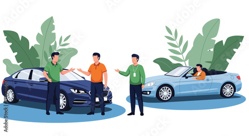 Illustration of three men discussing beside two cars, a blue sedan and a light blue convertible. Large green leaves in the background suggest an outdoor setting.