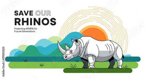 Rhino conservation concept with illustration of white rhino in natural habitat at sunset