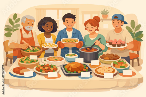 Diverse group enjoying homemade buffet meal in cozy dining room