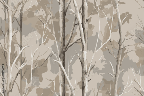 A seamless pattern of camouflage forest, vector illustration, with white tree trunks and branches.Hunting camo seamless background. Deer hunting camouflage design for fabric and hunting.