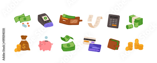 Finance and Payment Icons Set Flat Cartoon Vector Illustration with Cash Wallet Calculator Credit Card Piggy Bank Money Stack Receipt and POS Terminal