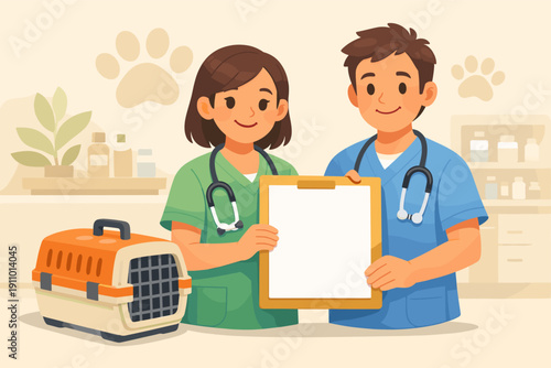 Smiling veterinarians holding clipboard in clinic setting