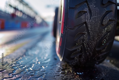 Detailed view of racing tire sidewall and tread pattern on wet asphalt, showcasing high performance rubber, motorsport durability, precision engineering and racing conditions