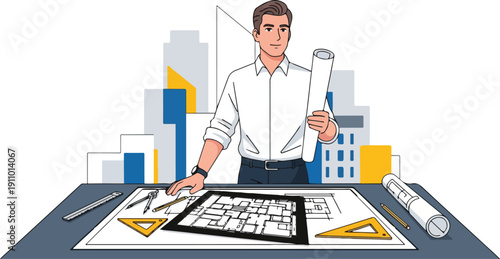 An architect standing at a desk, working on blueprints with a computer and drafting tools, in a modern office setting with urban buildings in the background, conveying a professional and