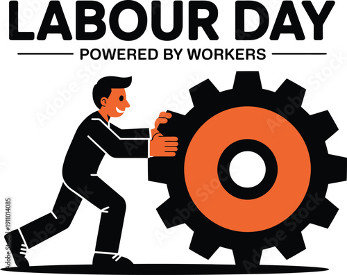 Labour day with man pushing orange and black gear powered by workers