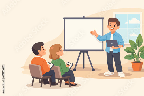 Male presenter engaging young adults in interactive business workshop presentation