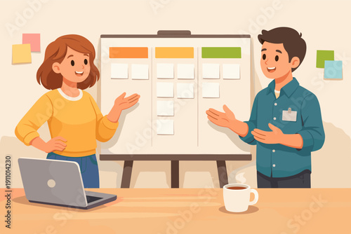 Young caucasian adult team in office meeting discussing project with planning board