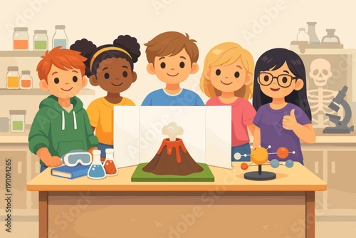 Diverse children conducting science experiments with volcanic model in classroom lab